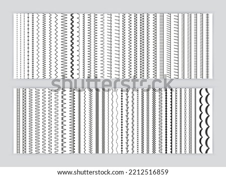 Seamless sewing stitches. Big collection. Embroidery and sew brush. Set of machine thread seams. Overlock zigzag element. Line border isolated on white background. Simple vector illustration.