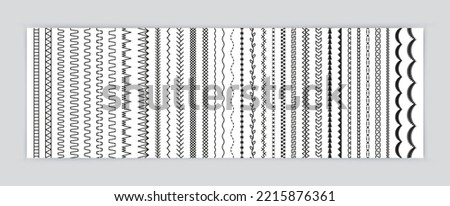 Seamless pattern. Overlock fabric elements. Embroidery stitches. Sewing seams. Set of machine thread sew brushes. Outline border isolated on white background. Simple design. Vector illustration.