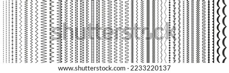 Seamless embroidery stitches big collection. Overlock fabric brushes. Set of machine thread sew elements. Sewing seams. Vector. Outline border isolated on white background. Simple graphic illustration