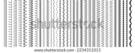 Seamless pattern embroidery stitches. Overlock fabric elements. Sewing seams. Set of machine thread sew brushes. Outline border isolated on white background. Simple design. Vector illustration.