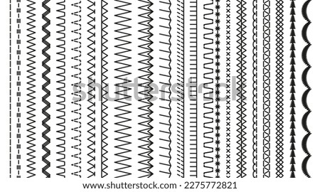 Sewing stitches machine thread. Set of sew brushes. Embroidery seams seamless pattern. Line border isolated on white background. Overlock fabric elements. Simple graphic vector illustration.