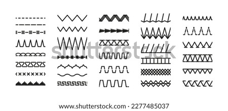 Seamless sewing stitches collection. Set of machine thread sew brushes. Overlock embroidery seams. Simple zigzag elements vector illustration. Line border isolated on white background.