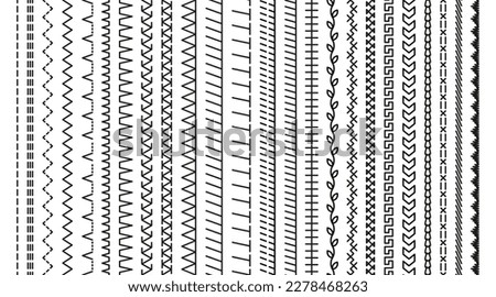 Embroidery stitches. Seamless sewing seams. Overlock fabric elements. Outline border isolated on white background. Set of machine thread sew brushes. Simple design. Vector illustration.