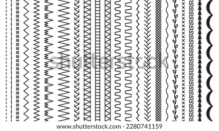 Set of seamless machine embroidery stitches. Thread sew brushes. Sewing seams. Overlock fabric elements. Vector. Outline border isolated on white background. Simple graphic illustration.