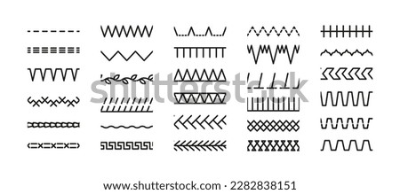 Set of seamless sewing stitches. Overlock embroidery seams. Collection of machine thread sew brushes. Simple zigzag elements vector illustration. Line border isolated on white background.