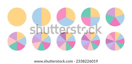 Circular structure chart divided into multicolor segments. Piechart with segments and slices. Ring section template. Circle graph. Pie diagram. Set schemes with sectors. Vector illustration