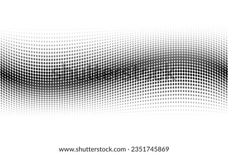 Comic half tone waves texture. Abstract design. Halftone wavy gradient background. Pop art dotted pattern. Optical spotted effect. Black white banner. Monochrome vector illustration