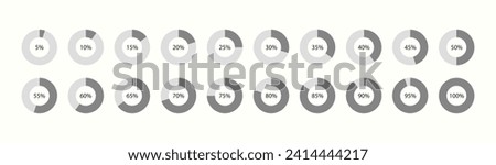 Grey circle filling template. 100 percent round pie chart. Diagram structure divided into pieces. Circular section graph. Schemes with sectors. Piechart with segments and slices. Vector illustration