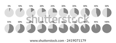 Piechart with segments and slices. 100 percent circle pie bar. Loading diagram bar. Grey round progress template. Circular chart. Schemes with sectors. Vector illustration