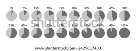 100 percent circle pie bar. Loading diagram bar. Piechart with segments and slices. Grey round progress template. Circular chart. Schemes with sectors. Vector illustration