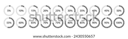 100 percent round pie chart. Grey circle filling template. Schemes with sectors. Diagram structure divided into pieces. Circular section graph. Piechart with segments and slices. Vector illustration