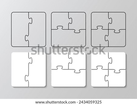 Jigsaw square grids set. Puzzle pieces filled and outline. Scheme for thinking game. Simple mosaic background with separate details. Cutting template. Vector illustration.