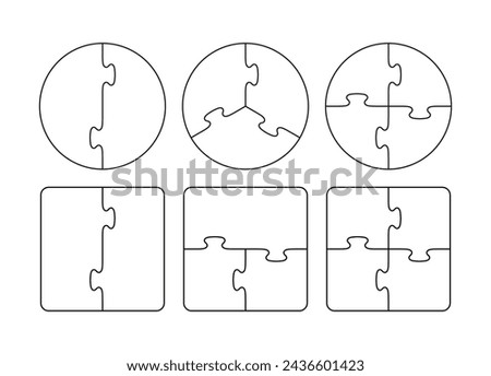 Outline scheme for thinking game. 2, 3, 4, 5 pieces circle and square templates. Simple mosaic background with separate details. Puzzle jigsaw grids set. Cutting template. Vector illustration.