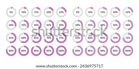 Circular 100 percent pie chart. Pink circle filling template. Round section graph. Schemes with sectors. Diagram structure divided into pieces. Piechart with segments and slices. Vector illustration