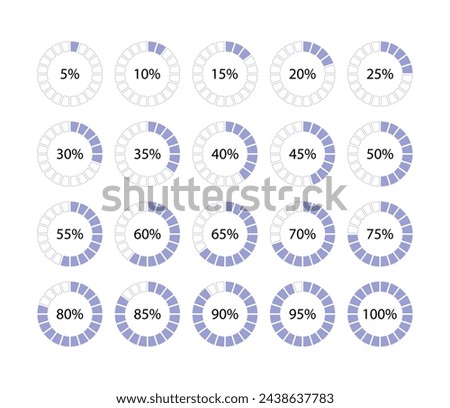 Schemes with sectors. Blue circle 100 percent filling. Round pie chart template. Circular section graph. Diagram structure divided into pieces. Piechart with segments and slices. Vector illustration