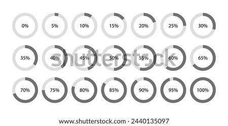 Circular 100 percent pie chart. Grey ring filling template. Circle section graph. Round piechart. Diagram structure divided into parts. Schemes with sectors. Vector illustration