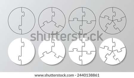 Puzzle pieces filled and outline. Cutting templates collection with details. Scheme for thinking game with 2, 3, 4 and 5 details. Set of circle jigsaw grids. Vector illustration