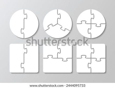 Scheme for thinking game. 2, 3, 4, 5 pieces round and square templates. Simple mosaic background with separate details. Puzzle jigsaw grids set. Cutting template. Vector illustration.