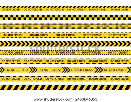 Yellow black tape. Do not cross ribbons. Police warning barrier tapes for criminal accident places. Set of caution crime scene bands. Seamless striped boundary lines. Vector illustration.