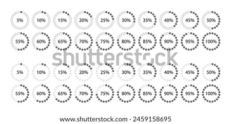 100 percent circular section graph. Circle filling template. Round pie chart. Diagram structure divided into pieces. Schemes with sectors. Piechart with segments and slices. Vector illustration