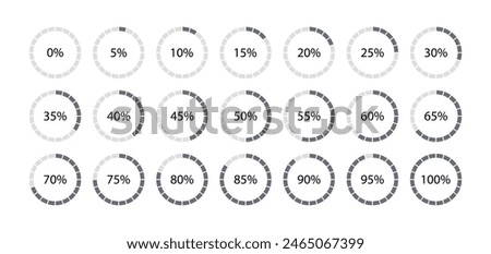 Grey circular section graph. Diagram scheme divided into pieces. 100 percent round pie chart. Circle filling template. Structure with sectors. Piechart with segments and slices. Vector illustration