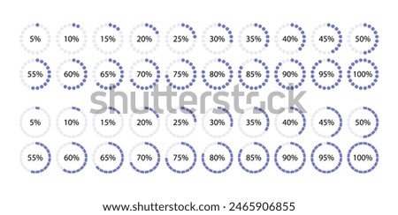 100 percent circle filling template. Diagram structure divided into pieces. Round pie chart. Schemes with sectors. Circular section graph. Piechart with segments and slices. Vector illustration