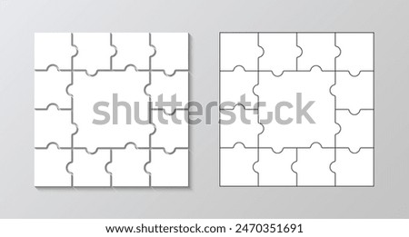 Puzzle square grids solid and outline. Cutting template. Jigsaw pieces filled and outline. Scheme for thinking game. Simple mosaic background with separate details. Vector illustration.