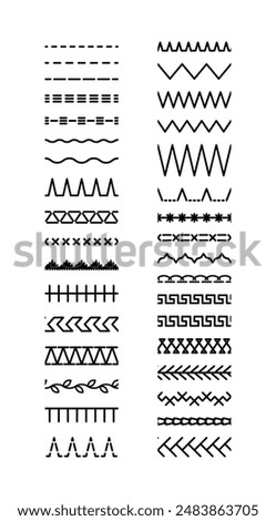 Overlock embroidery seams. Set of machine thread sew brushes. Sewing stitches zigzag seamless elements. Vector illustration. Simple graphic design. Line border isolated on white background.