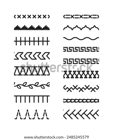 Overlock embroidery seams. Set of machine thread sew brushes. Line border isolated on white background. Sewing stitches zigzag seamless elements. Vector illustration.