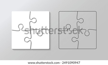 Puzzle pieces set. Scheme for thinking game. Jigsaw grids filled and outline. Simple mosaic background with separate details. Cutting template. Vector illustration.