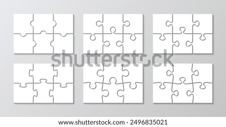 Puzzle infographics with 6 pieces. Jigsaw business chain infographic. Puzzle grid. Process diagram presentation. Business info graphic with steps, parts. Vector illustration