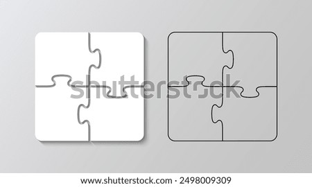 Jigsaw grids filled and outline. Puzzle pieces set. Scheme for thinking game. Simple mosaic background with separate details. Cutting template. Vector illustration.