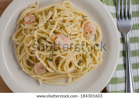 Lemon and Shrimp Pasta on a white plate.