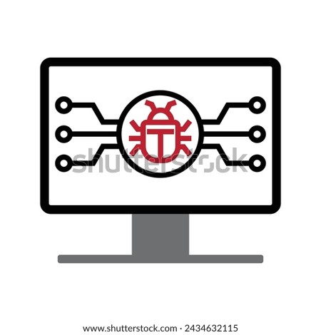 Computer monitor with bug in circuit board, computer bug icon vector