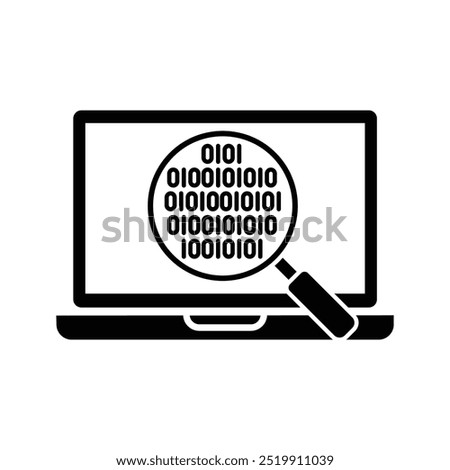 laptop with magnifying glass zooming the binary code, concept of computer coding icon vector