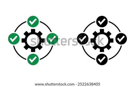 Cogwheel gear with checkmark, illustration of correct decision and factory production process icon vector