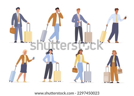 Business people on a business trip set. Female and male character walk, stand, talk on the phone and hold suitcases, passports, tickets. Flat vector illustration
