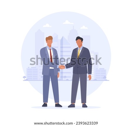 Two male character in suits shaking hands on the city background. Business concept of concluding contract, partnership, teamwork. Vector illustration in cartoon flat style