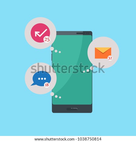 Mobile phone, missed calls, sms and mails notification. Flat vector illustration.