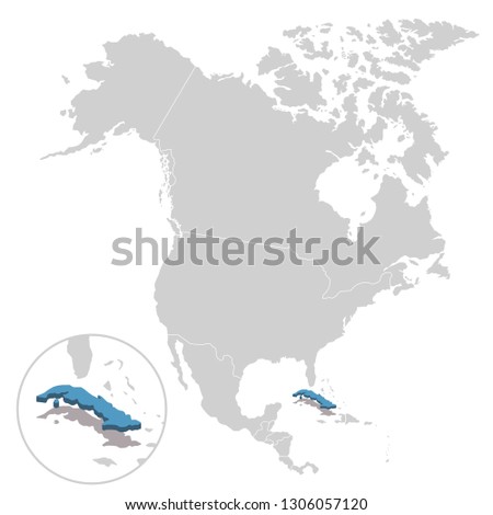 Vector illustration of Cuba in blue on the grey model of North America map with zooming replica of country