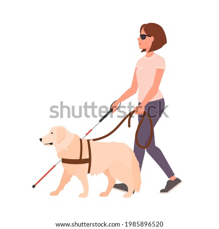 Blind girl walking with a guide dog. Vector isolated on are white background.