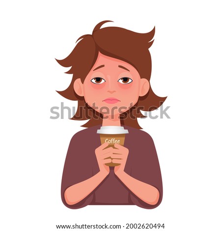 Sleepy Young woman holding cup of coffee. Vector illustration isolated on white background