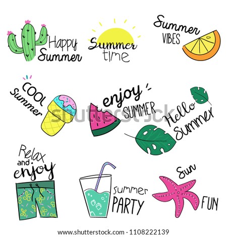 Set of summer labels, icons, logos with hand-drawn text and items for summer holiday, beach, vacation, travel, sun. Vector Illustrations.