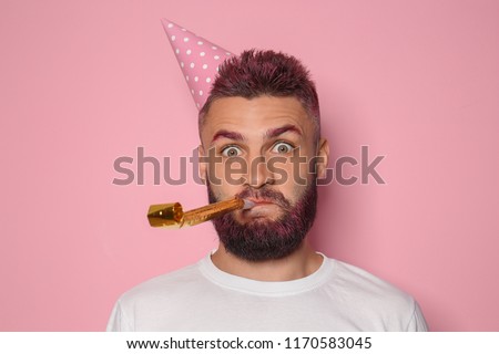 Similar – Image, Stock Photo Hipster man with funny surprised face looking at camera