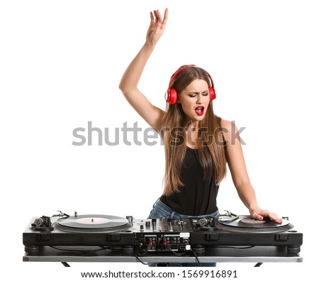 Female dj playing music on white background Сток-фото © 