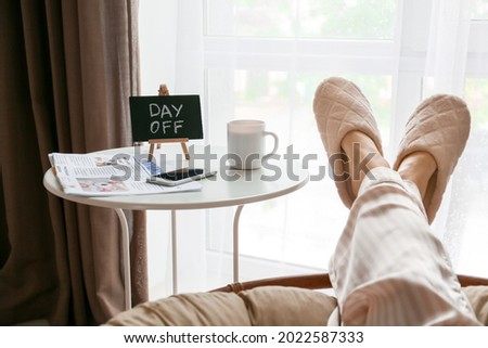 Woman in pajamas relaxing at home. Concept of day off Photo stock © 