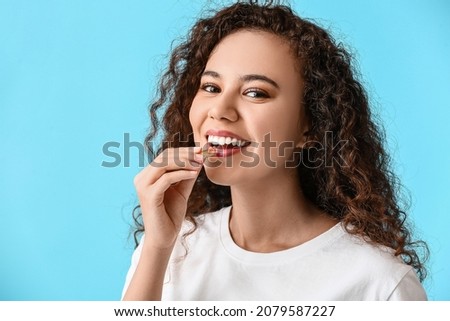 Similar – Image, Stock Photo Happy adult woman taking selfie on top of mountain