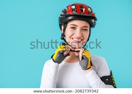 Image, Stock Photo Female cyclist in helmet practicing on training track