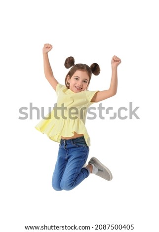 Similar – Image, Stock Photo Beautiful little girl jumping over the rope in the park on sunny day