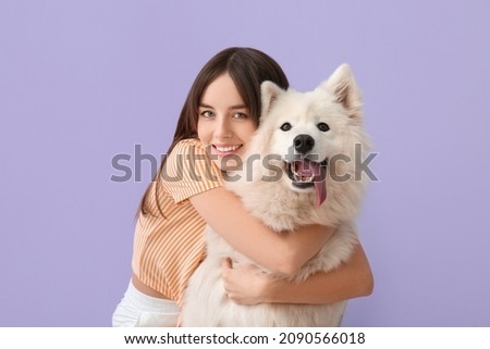 Similar – Image, Stock Photo Woman with cute dog on beach